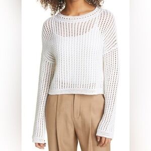 Vince Crochet Knit Long Sleeve Crewneck Top in Optic White Size M New